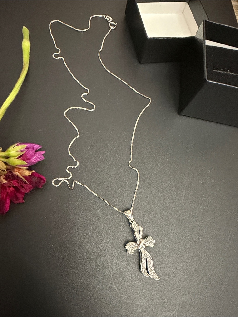 Sterling Silver Ribbon Cross Pendant Necklace - Silver